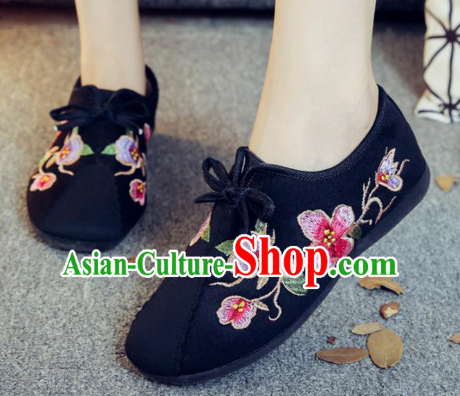 Traditional Chinese National Hanfu Embroidery Flowers Black Shoes, China Ancient Embroidered Shoes for Women