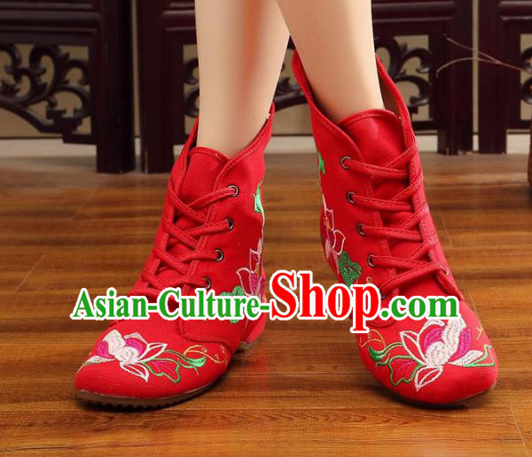Traditional Chinese National Hanfu Embroidery Flowers Red Shoes, China Ancient Embroidered Shoes for Women