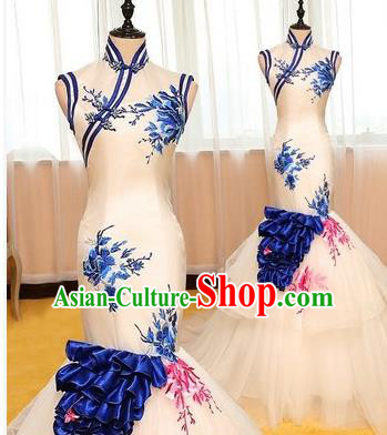Chinese Style Wedding Catwalks Costume Wedding Bride Printing Peony Trailing Full Dress Fishtail Cheongsam for Women
