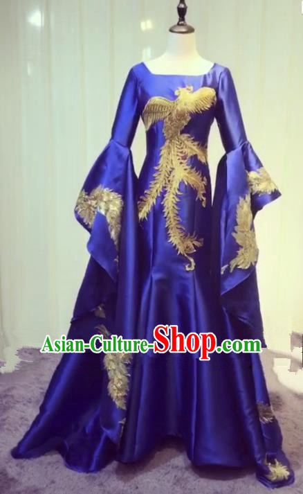Chinese Style Wedding Catwalks Costume Wedding Bride Embroidery Phoenix Trailing Full Dress Compere Cheongsam for Women
