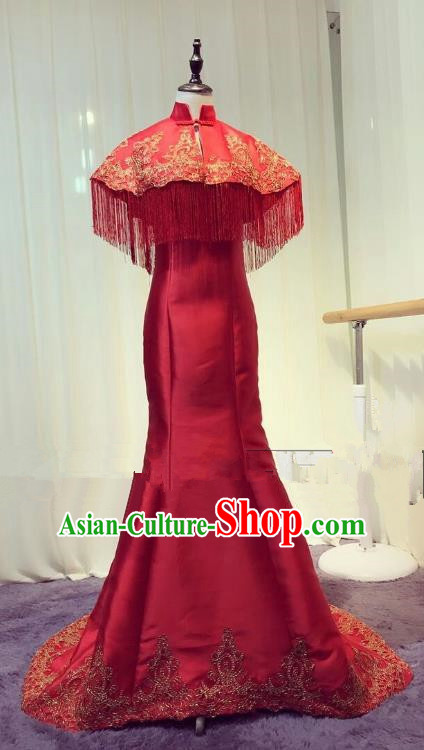 Chinese Style Wedding Catwalks Costume Wedding Bride Red Fishtail Full Dress Compere Embroidered Cheongsam for Women