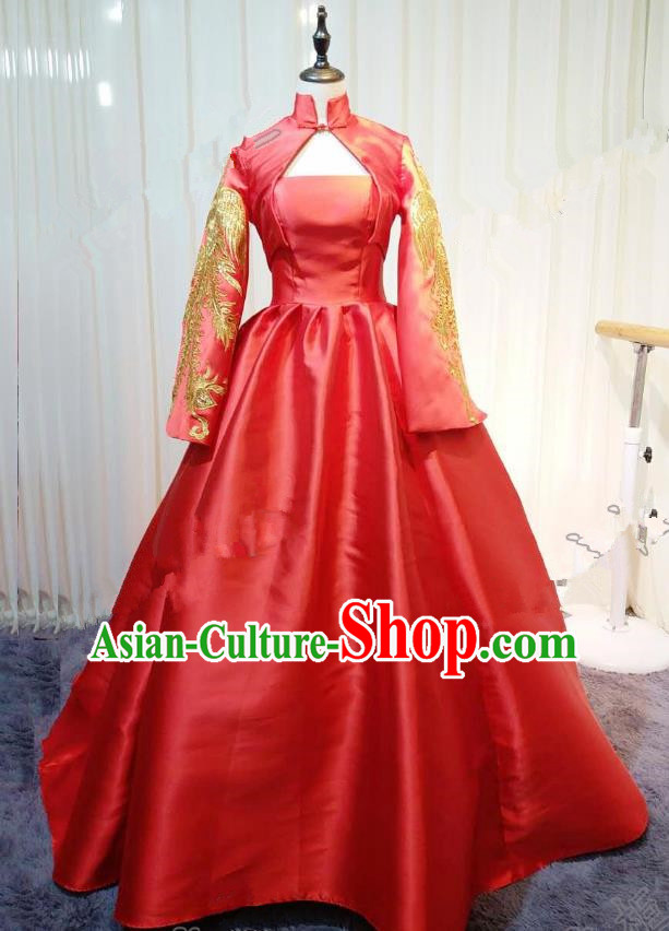 Chinese Style Wedding Catwalks Costume Wedding Red Fishtail Full Dress Compere Bride Embroidered Cheongsam for Women