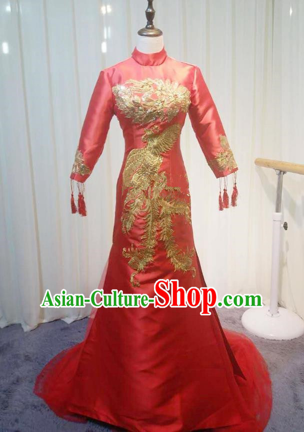 Chinese Style Wedding Catwalks Costume Wedding Red Fishtail Full Dress Compere Embroidered Phoenix Cheongsam for Women