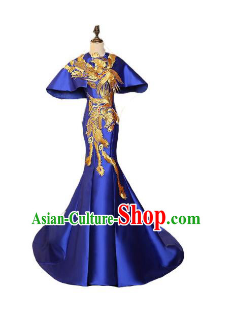 Chinese Style Wedding Catwalks Costume Wedding Blue Fishtail Full Dress Compere Embroidered Phoenix Cheongsam for Women
