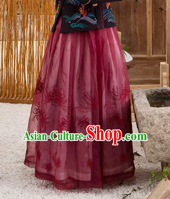 Traditional Chinese Ming Dynasty Young Lady Costume Ancient Embroidered Equinox Flower Skirts for Women