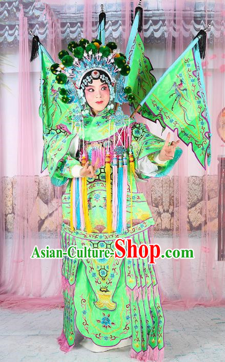 Chinese Beijing Opera Female General Costume Embroidered Green Armour, China Peking Opera Blues Embroidery Gwanbok Clothing