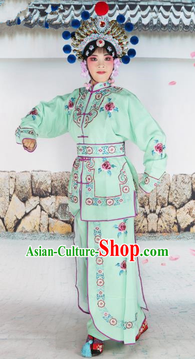 Chinese Beijing Opera Warrior Embroidered Green Costume, China Peking Opera Blues Embroidery Clothing