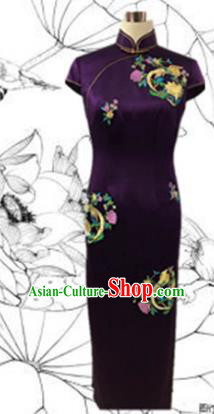 Traditional Chinese National Costume Mandarin Qipao, Tang Suit Chirpaur Embroidered Purple Silk Cheongsam Clothing for Women