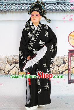 Chinese Beijing Opera Niche Costume Black Embroidered Robe, China Beijing Opera Scholar Embroidery Butterfly Clothing