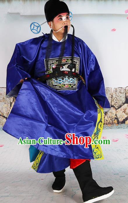 Chinese Beijing Opera County Magistrate Costume Blue Embroidered Robe, China Peking Opera Officer Embroidery Clothing