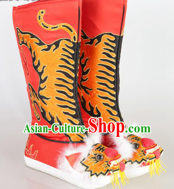 Chinese Beijing Opera Emperor Red Embroidered Boots, China Peking Opera Takefu Embroidery Tiger Shoes
