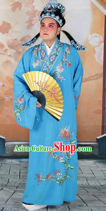 hinese Beijing Opera Niche Costume Blue Embroidered Robe, China Peking Opera Scholar Embroidery Chrysanthemum Clothing