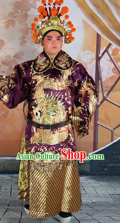 Chinese Beijing Opera Prime Minister Costume Purple Embroidered Robe, China Peking Opera Officer Embroidery Clothing