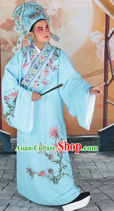 Chinese Beijing Opera Niche Costume Blue Embroidered Robe, China Peking Opera Scholar Embroidery Chrysanthemum Clothing