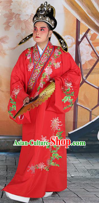 Chinese Beijing Opera Niche Costume Red Embroidered Robe, China Peking Opera Scholar Embroidery Chrysanthemum Clothing