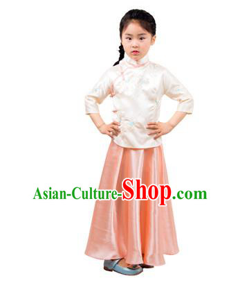 Traditional Chinese Ancient Republic of China Nobility Lady Costume Embroidered Champagne Blouse and Skirt for Kids