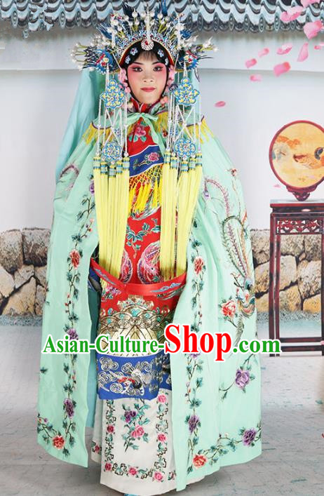 Chinese Beijing Opera Diva Costume Green Embroidered Cloak, China Peking Opera Actress Embroidery Mantle Clothing