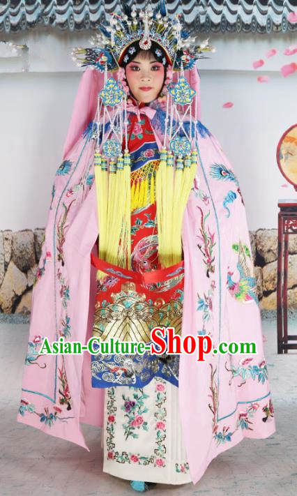 Chinese Beijing Opera Empress Costume Pink Embroidered Cloak, China Peking Opera Actress Embroidery Mantle Clothing