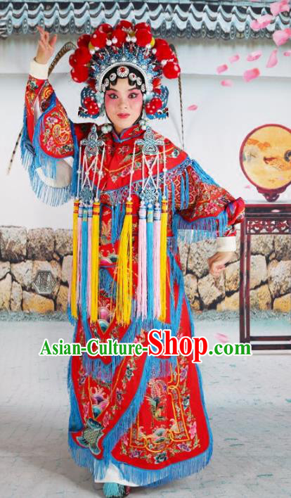 Chinese Beijing Opera Martial Lady Embroidered Red Costume, China Peking Opera Blues Embroidery Clothing