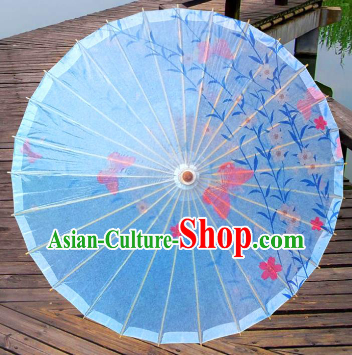 China Traditional Folk Dance Umbrella Hand Painting Flowers Blue Oil-paper Umbrella Stage Performance Props Umbrellas