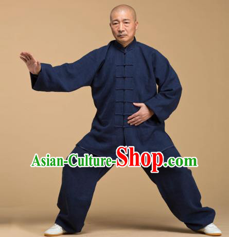 Top Grade Chinese Kung Fu Deep Blue Costume, China Martial Arts Tai Ji Training Uniform Gongfu Wushu Clothing for Men
