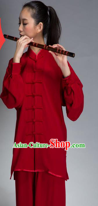 Top Grade Chinese Kung Fu Plated Buttons Red Costume China Martial Arts Training Uniform Tai Ji Wushu Clothing for Women