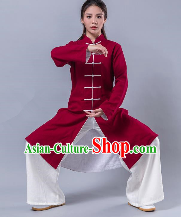 Top Grade Chinese Kung Fu Costume Martial Arts Uniform, China Tai Ji Wushu Plated Buttons Red Robe Clothing for Women