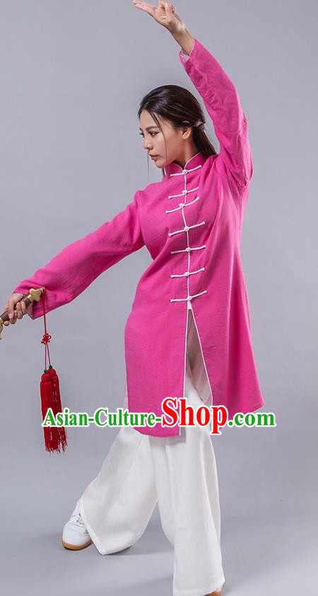 Top Grade Chinese Kung Fu Costume Martial Arts Uniform, China Tai Ji Wushu Plated Buttons Pink Robe Clothing for Women