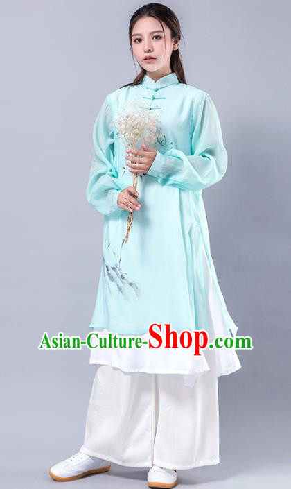 Top Grade Chinese Kung Fu Costume Martial Arts Uniform, China Tai Ji Wushu Plated Buttons Green Robe Clothing for Women