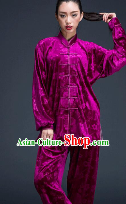 Top Grade Chinese Kung Fu Plated Buttons Costume Purple Pleuche Martial Arts Uniform, China Tai Ji Wushu Clothing for Women