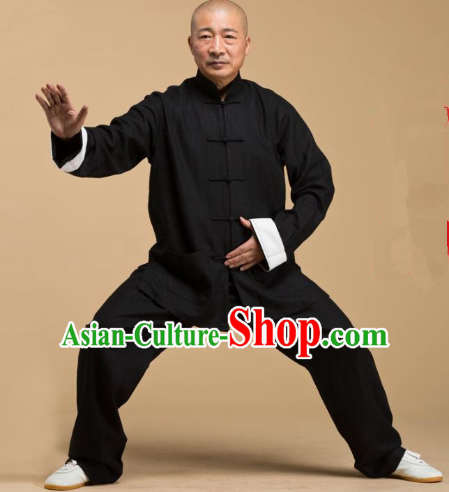 Top Grade Chinese Kung Fu Costume Tai Ji Training Linen Uniform, China Martial Arts Gongfu Black Clothing for Men