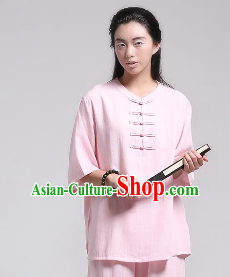 Top Grade Chinese Kung Fu Costume Martial Arts Pink Uniform, China Tai Ji Wushu Plated Buttons Clothing for Women