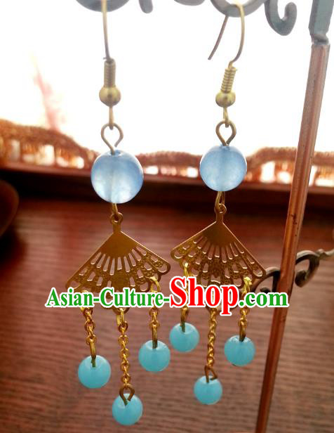 Traditional Handmade Chinese Ancient Princess Hanfu Eardrop Accessories Classical Blue Beads Tassel Earrings for Women