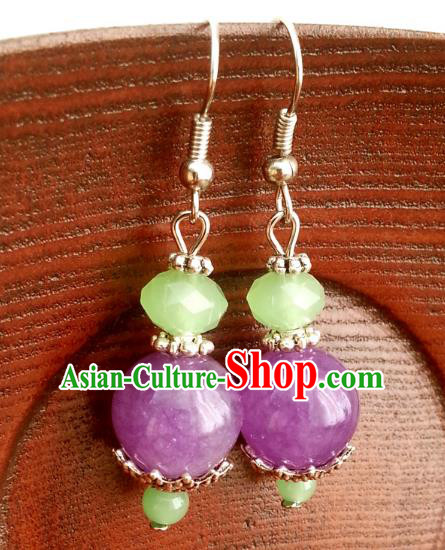 Traditional Chinese Handmade Classical Hanfu Purple Beads Eardrop Ancient Palace Princess Earrings for Women