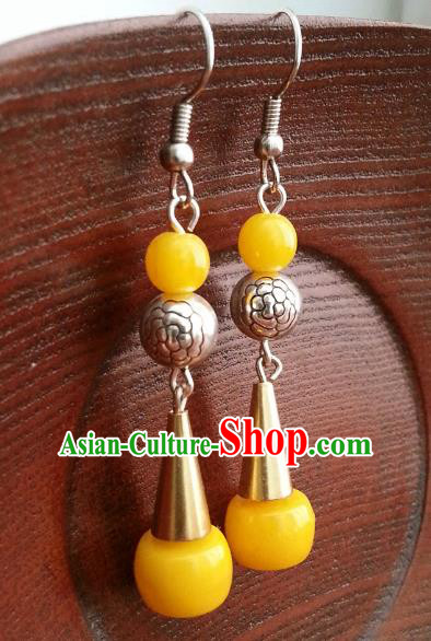 Traditional Chinese Handmade Classical Hanfu Yellow Beads Eardrop Ancient Palace Princess Earrings for Women
