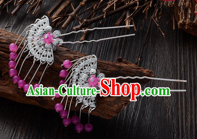 Handmade Asian Chinese Classical Hair Accessories Ancient Purple Beads Tassel Hairpins Headwear for Women