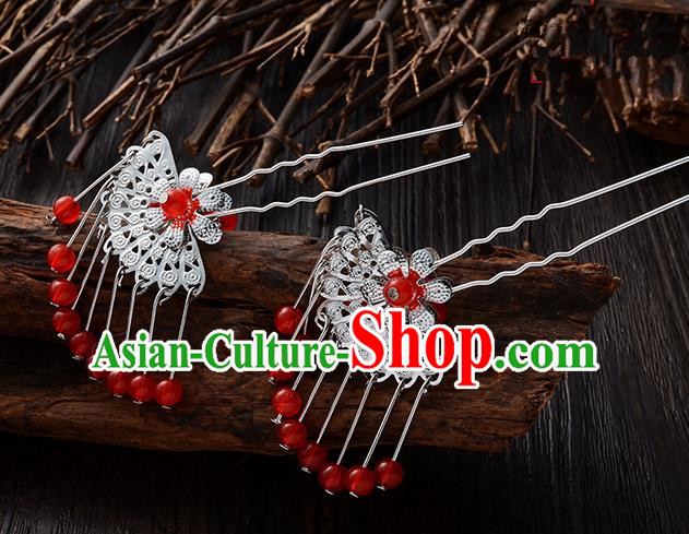 Handmade Asian Chinese Classical Hair Accessories Ancient Red Beads Tassel Hairpins Headwear for Women