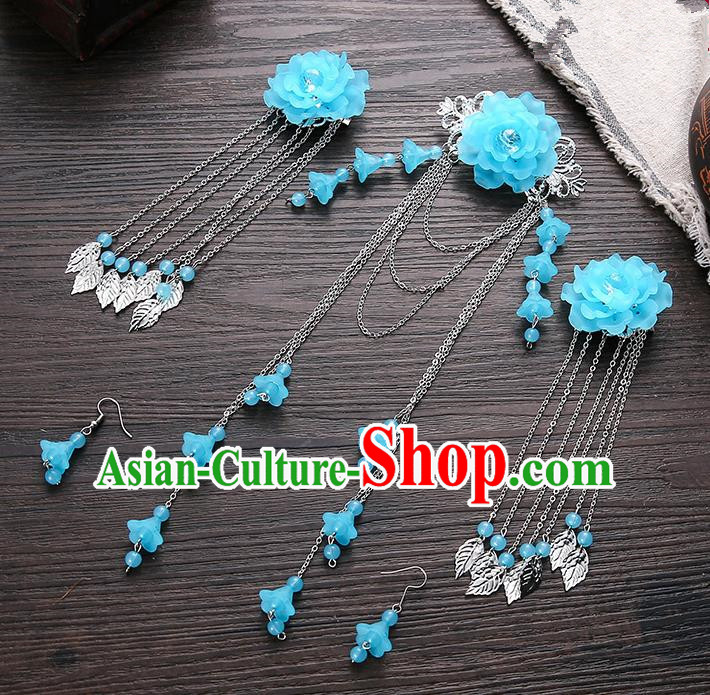 Handmade Asian Chinese Classical Hair Accessories Ancient Blue Flower Hair Stick Hairpins for Women