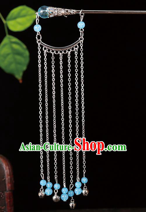 Handmade Asian Chinese Classical Hair Accessories Hair Clip Ancient Blue Beads Tassel Hairpins for Women
