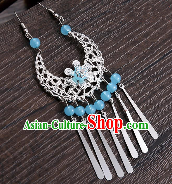 Handmade Asian Chinese Classical Hair Accessories Blue Beads Tassel Hairpins Hanfu Frontlet Eyebrows Pendant for Women