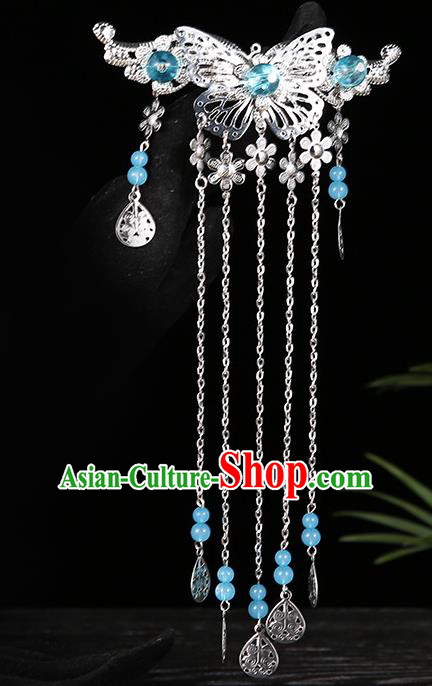 Handmade Asian Chinese Classical Hair Accessories Blue Beads Tassel Hairpins Hanfu Hair Stick for Women