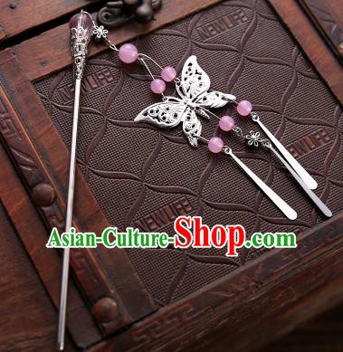 Asian Chinese Handmade Classical Hair Accessories Pink Beads Butterfly Tassel Hair Clip Hanfu Hairpins for Women