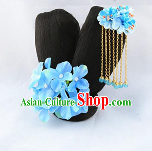 Asian Chinese Handmade Palace Lady Classical Wig and Hair Accessories Tassel Hairpins Complete Set for Women