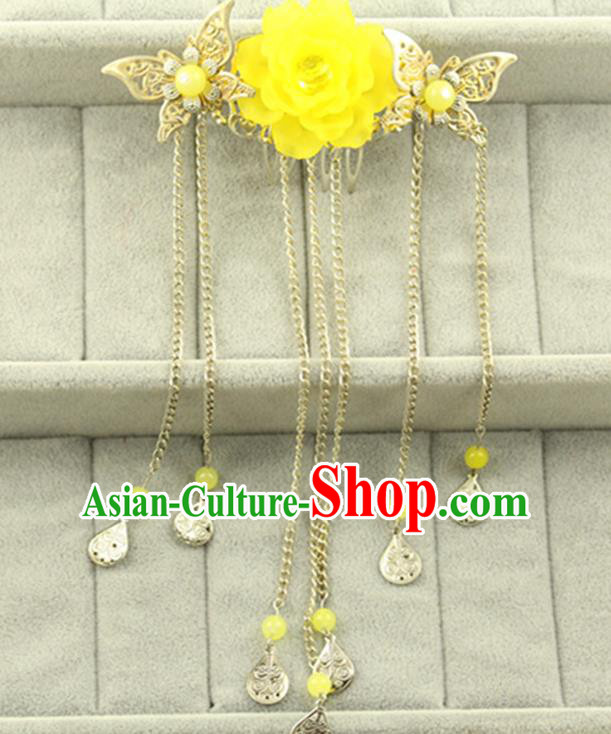 Asian Chinese Handmade Classical Hair Accessories Princess Yellow Flowers Hairpins Butterfly Hair Comb for Women