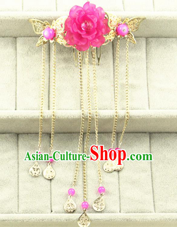 Asian Chinese Handmade Classical Hair Accessories Princess Rosy Flowers Hairpins Butterfly Hair Comb for Women