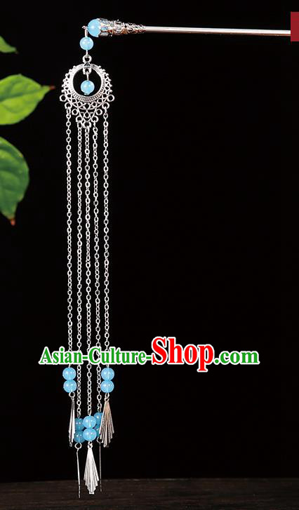 Handmade Asian Chinese Classical Hair Accessories Light Blue Beads Tassel Hairpins Hanfu Step Shake for Women