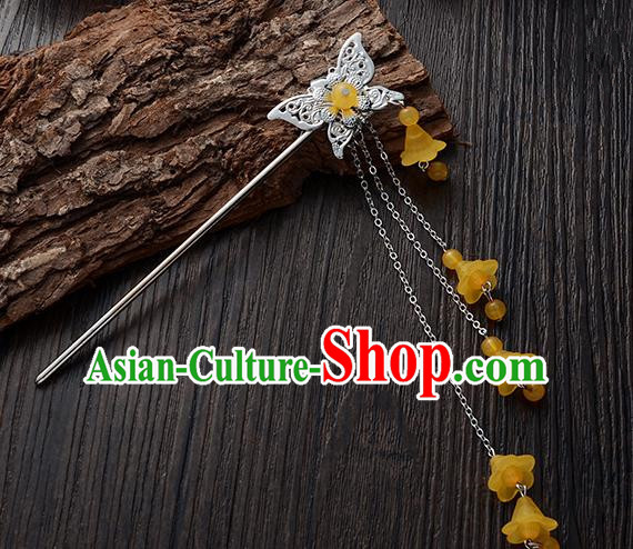 Handmade Asian Chinese Classical Hair Accessories Butterfly Hairpins Hanfu Yellow Tassel Step Shake for Women