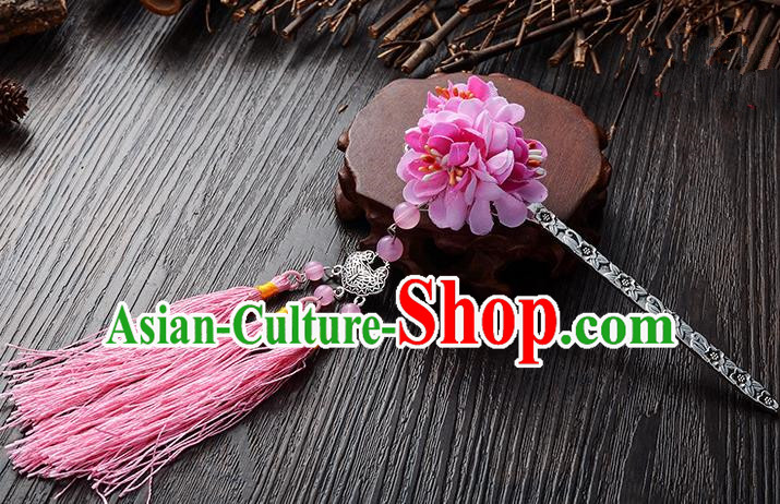 Handmade Asian Chinese Classical Hair Accessories Hairpins Hanfu Pink Flower Tassel Hair Stick for Women