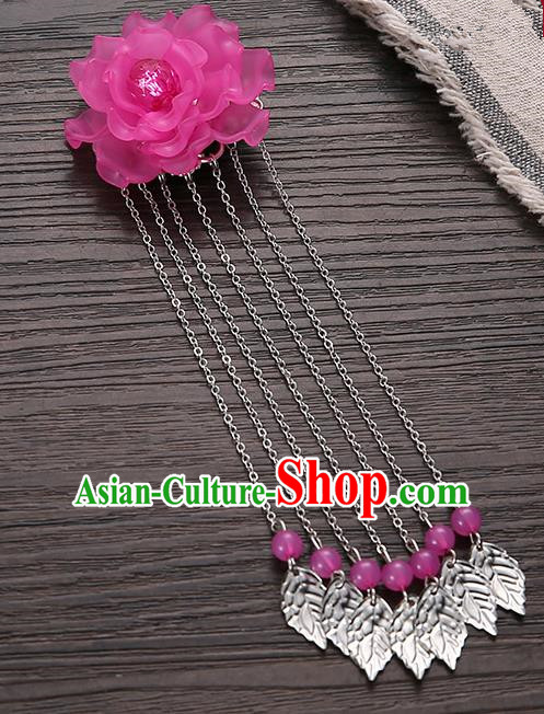 Asian Chinese Handmade Classical Hair Accessories Rosy Flower Hairpins Hanfu Tassel Hair Claw for Women