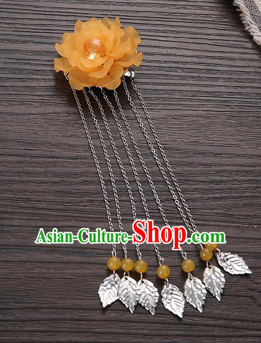 Asian Chinese Handmade Classical Hair Accessories Orange Flower Hairpins Hanfu Tassel Hair Claw for Women